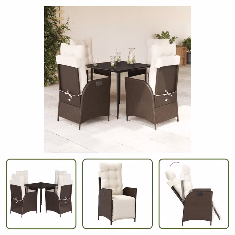 The Living Store Set da pranzo da giardino 5 pezzi con cuscini in polirattan marrone