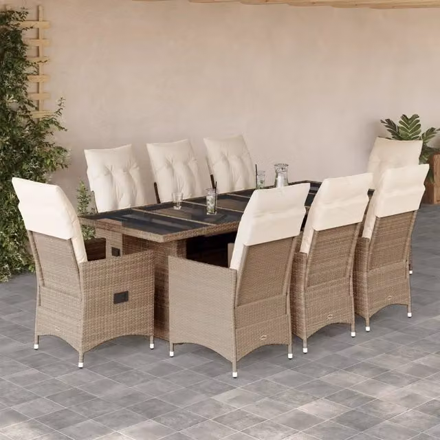 Set da Bistrò da Giardino vidaXL in Polyrattan con Cuscini Beige e Piano in Vetro, 9 Pezzi