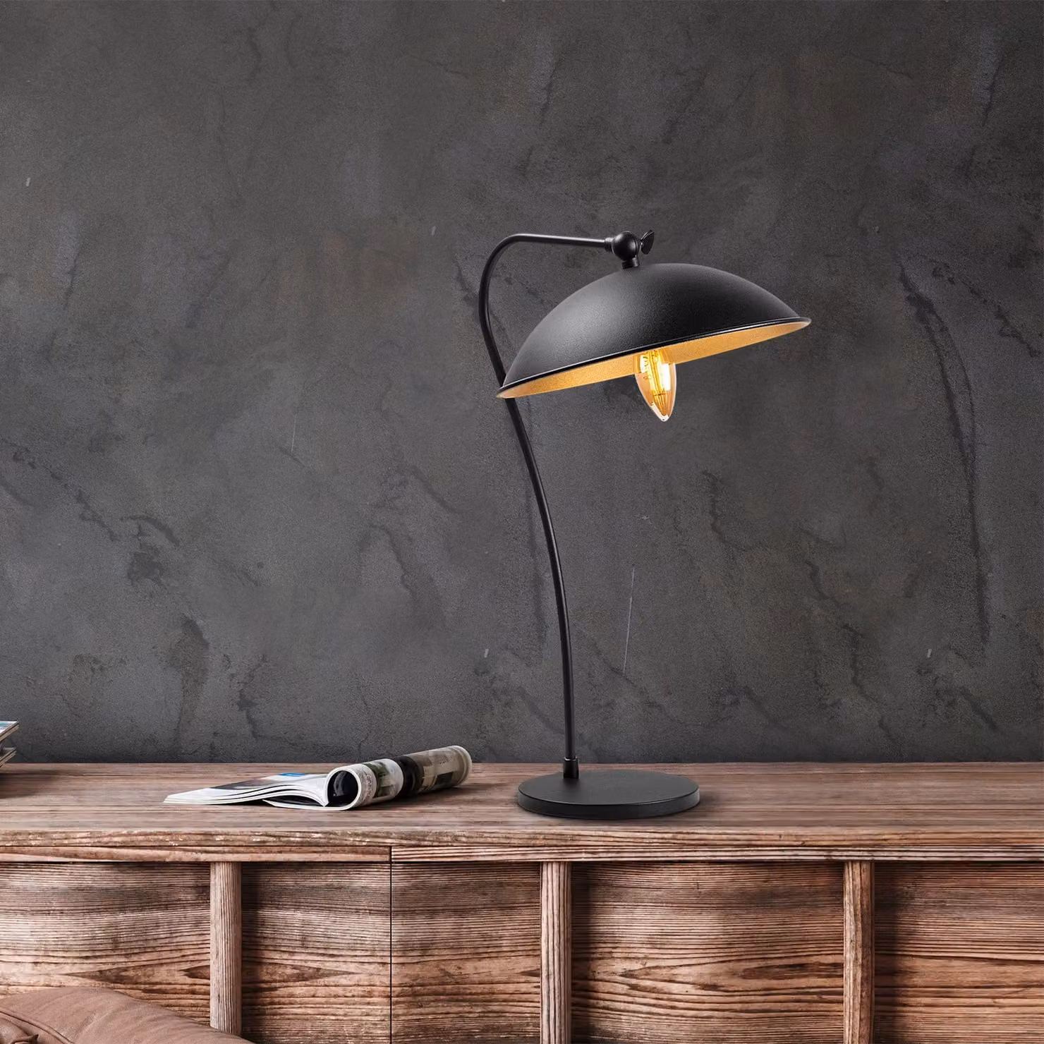 Opviq, lampada da tavolo di alta qualità, nera e dorata, 35 x 27 x 50 cm | Struttura in metallo, attacco E14, max 40 W, IP20 | Design elegante e industriale per ambienti moderni.