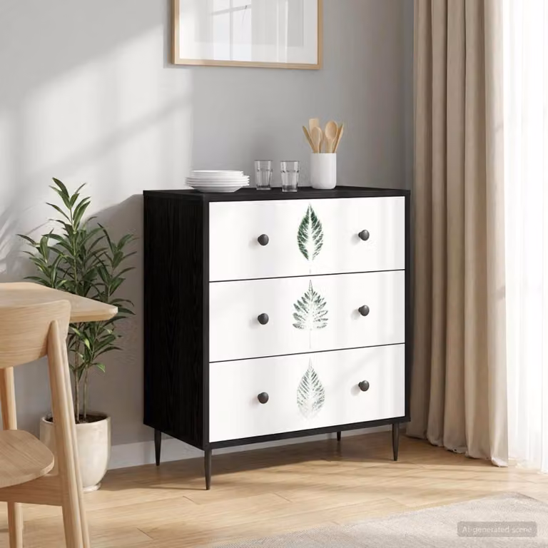 Cassettiera vidaXL HANAU con stampa foglia verde, design moderno in MDF e metallo, L: 66 cm, P: 36,5 cm, H: 76 cm