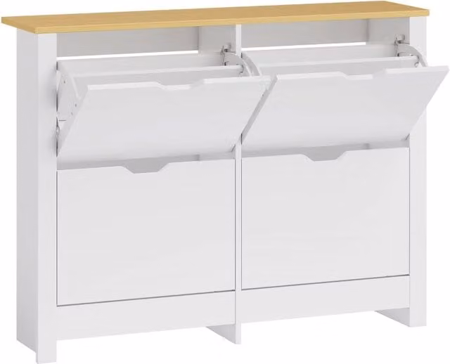 Scarpiera salvaspazio bianca con 4 ante a ribalta e ripiani interni, design minimalista, L: 105 cm, P: 26 cm, H: 80 cm
