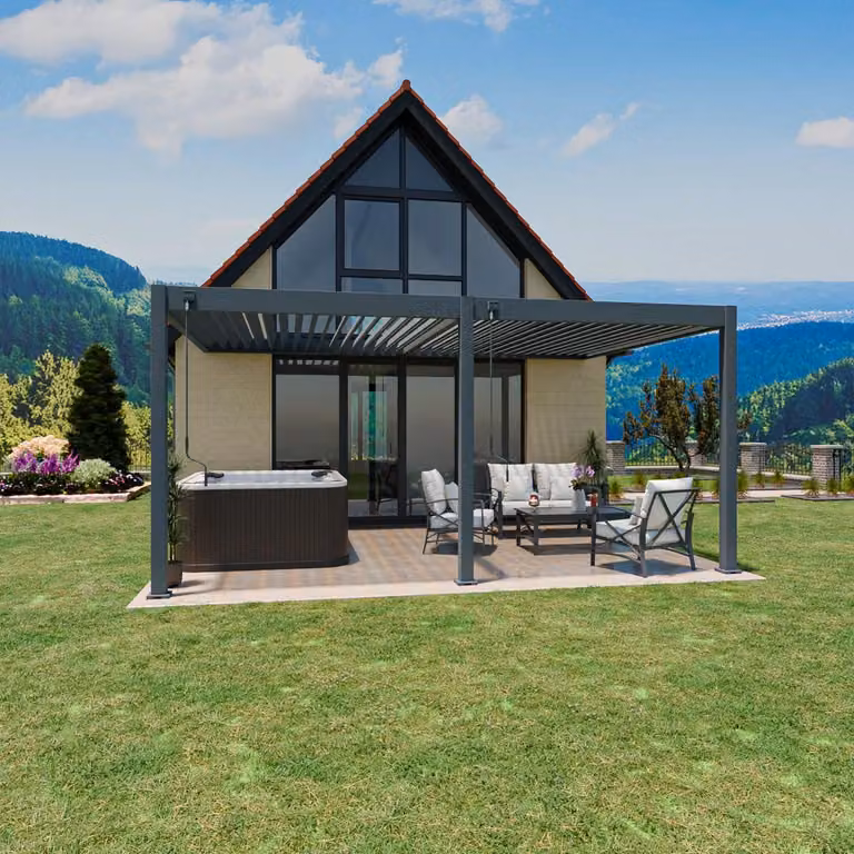 Pergola da parete Weide Deluxe interamente in alluminio, 3,6x5,3 m, con tetto a lamelle color antracite
