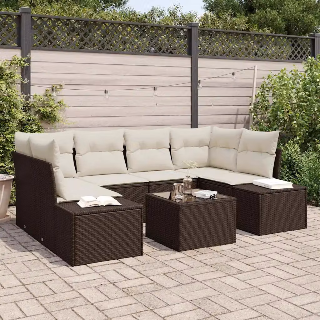 Set Divano da Giardino Moderno vidaXL in Polyrattan con Cuscini Marrone e Beige da 8 Pezzi – 1