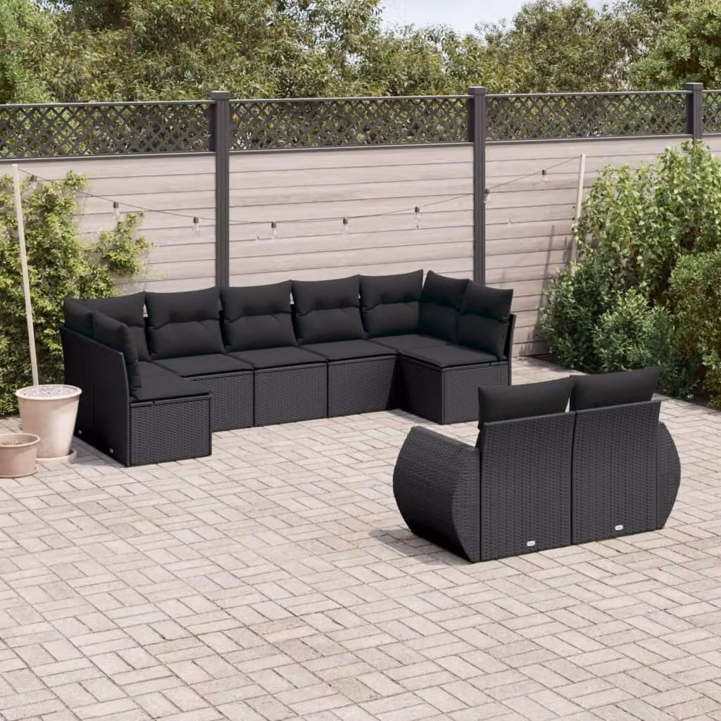 vidaXL Set Divani da Giardino a L 9 pz in Polyrattan Nero con Cuscini e Rivestimenti Rimovibili – 1