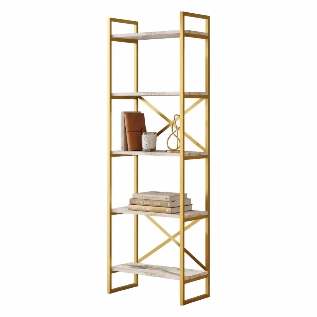 Libreria Trecenta DMORA con 5 Ripiani, Design Moderno in Metallo, Colore Bianco e Oro, L: 58 cm, P: 30 cm, H: 175 cm – 2