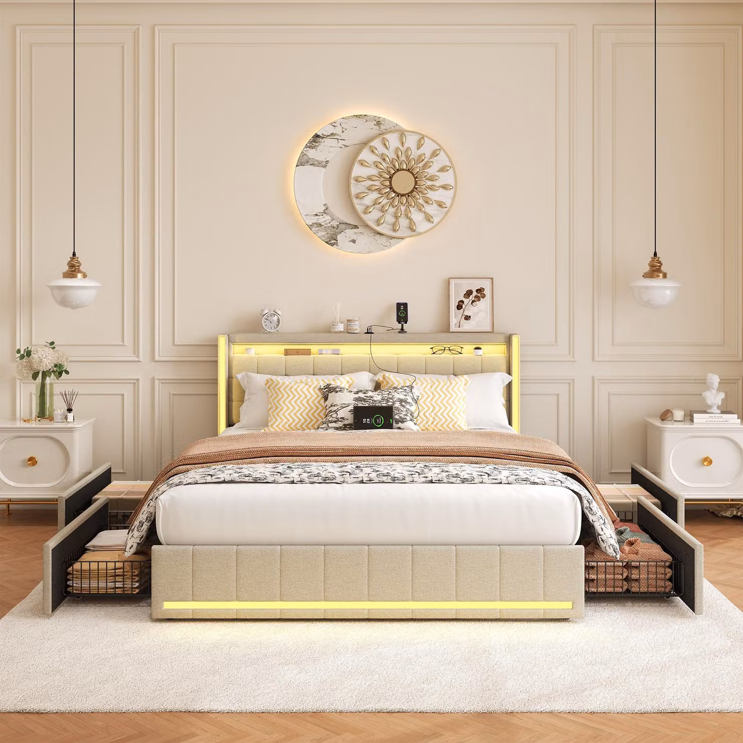 Letto matrimoniale ProximaX 140x200 cm in lino beige, letto imbottito con LED RGB, 4 cassetti, funzione di ricarica USB e Type-C