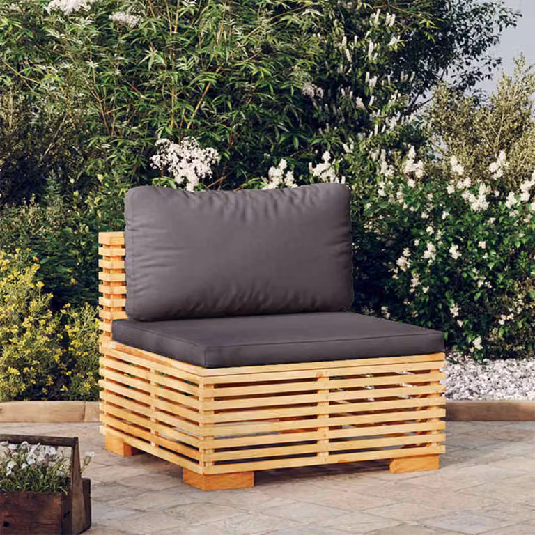 Divano da giardino centrale vidaXL in legno di teak massello con cuscini grigi