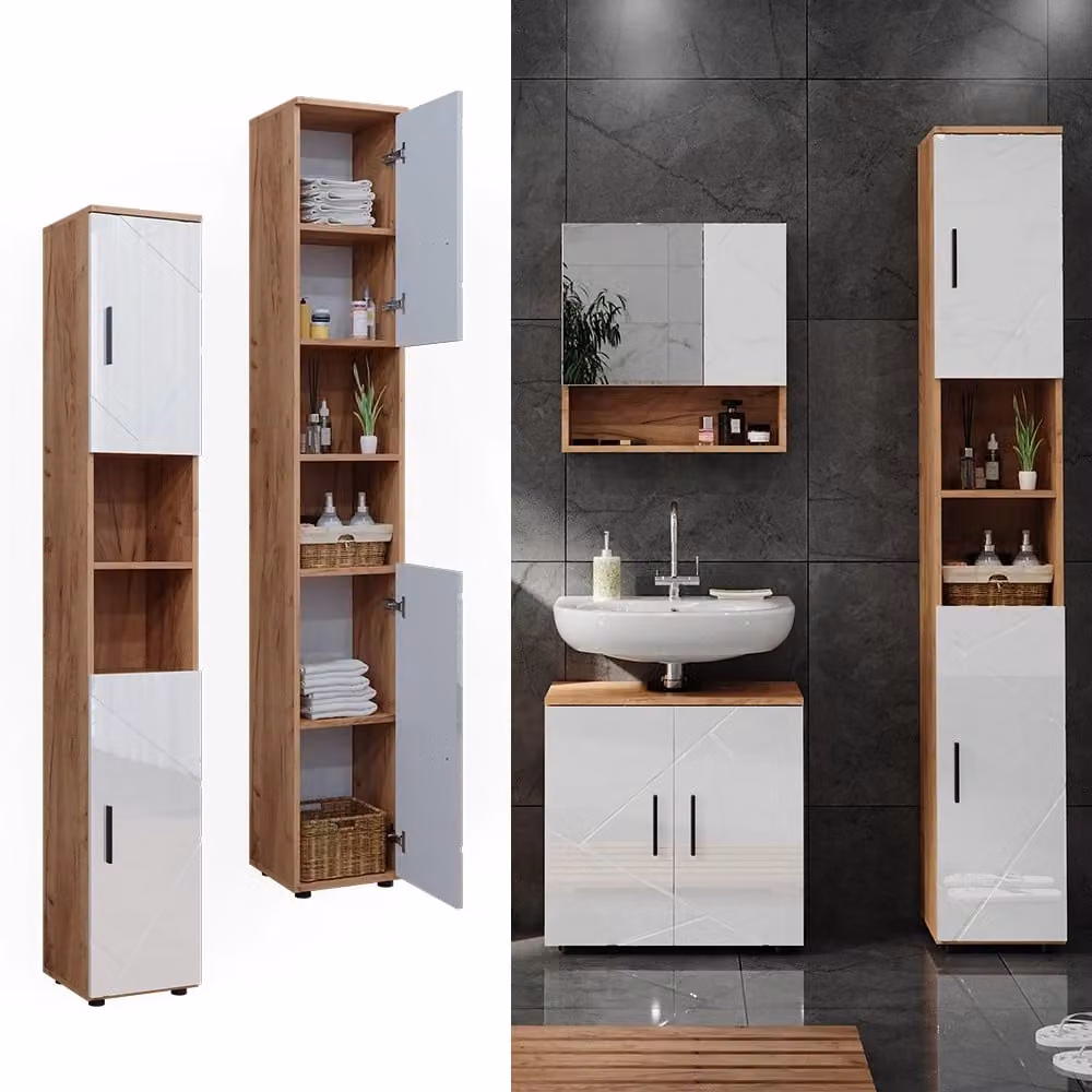 Armadio per il bagno Vicco Irma Bianco lucido e Rovere dorato con ante e vani a giorno L: 30 cm, H: 192 cm – 2