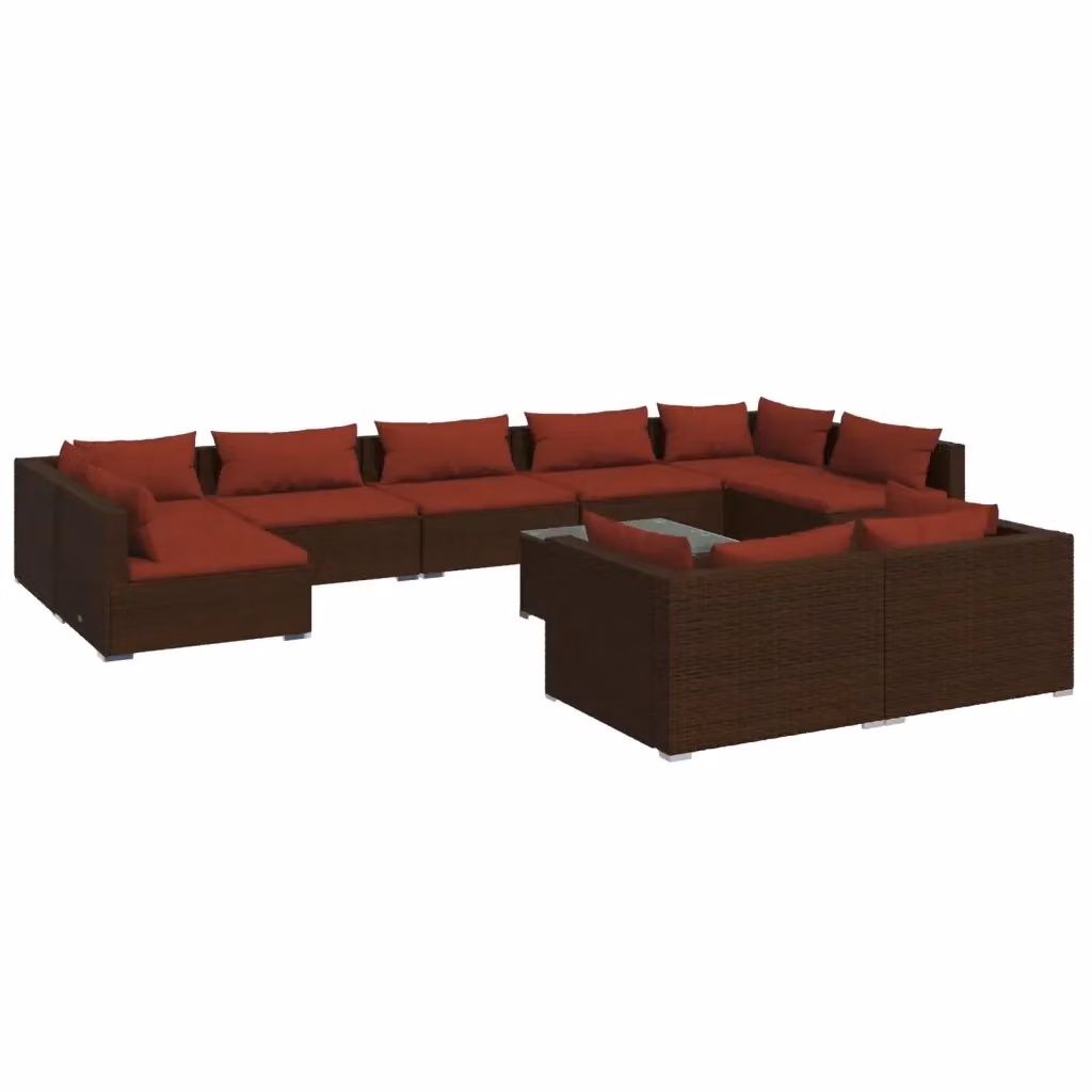 Set da giardino moderno vidaXL composto da 10 pezzi con divano a 3 posti, elementi angolari, tavolino da caffè e cuscini in rattan marrone e rosso con struttura in acciaio verniciato a polvere – 2