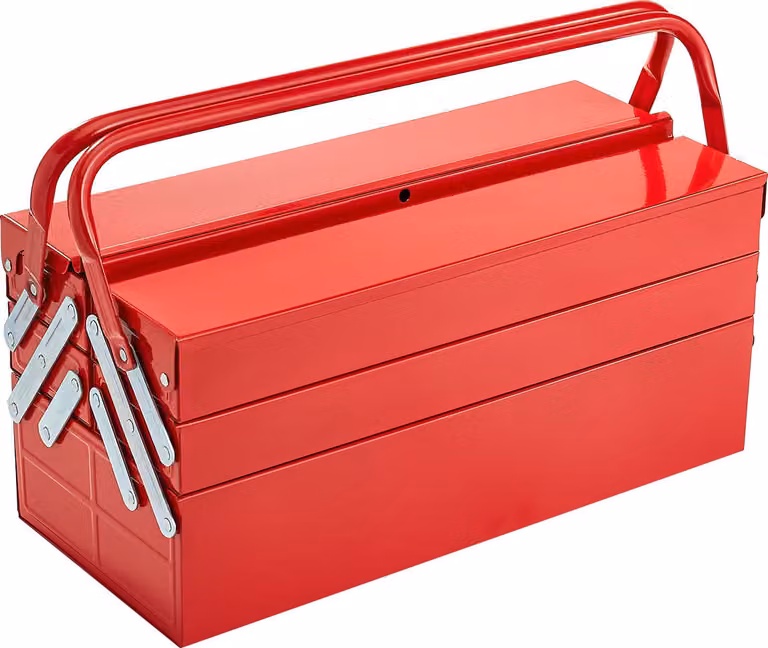 SucceBuy Cassetta degli attrezzi in metallo da 18 pollici, cassetta pieghevole portatile con 3 livelli e 5 scomparti, in acciaio verniciato a polvere, con maniglia e foro per serratura, per la casa e l'officina, rosso