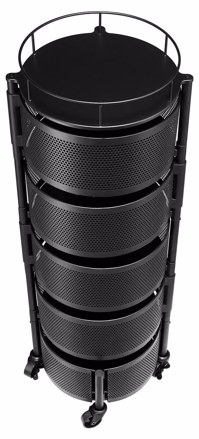 Carrello portaoggetti rotante con 5 ripiani, cestini per frutta e verdura, organizer robusto in filo su ruote, supporto di grande capacità con coperchio in metallo, ideale per cucina, bagno e cameretta, colore nero