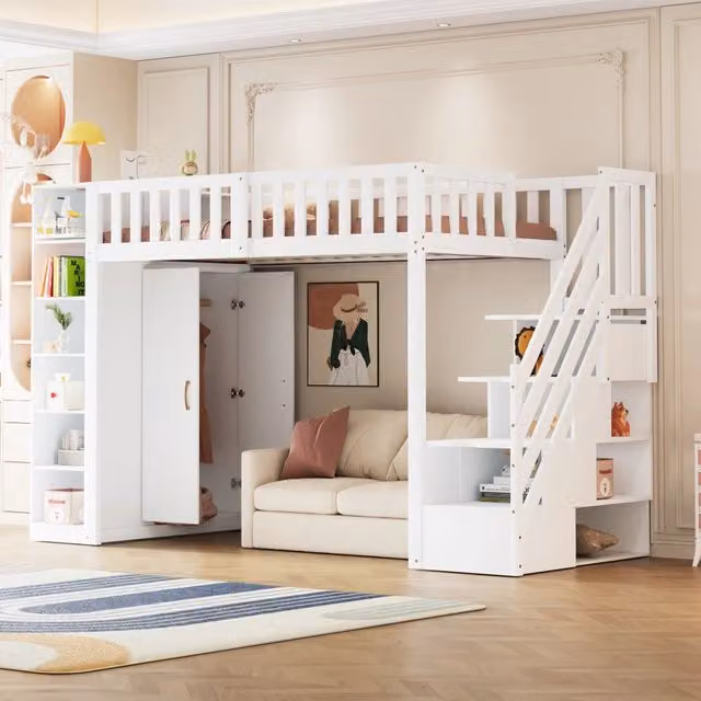 Letto a soppalco 90x200 cm con armadio, scaffali e scala con cassetti, in legno, bianco