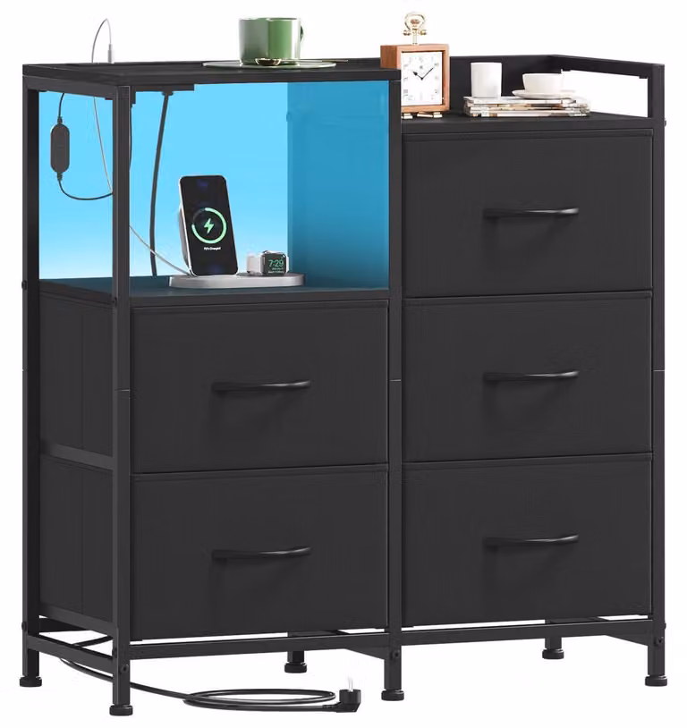 Comodino con cassetti, illuminazione a LED e presa multipla, 5 cassetti rivestiti in tessuto, colore nero, dimensioni 66,5 x 29 x 70,5 cm
