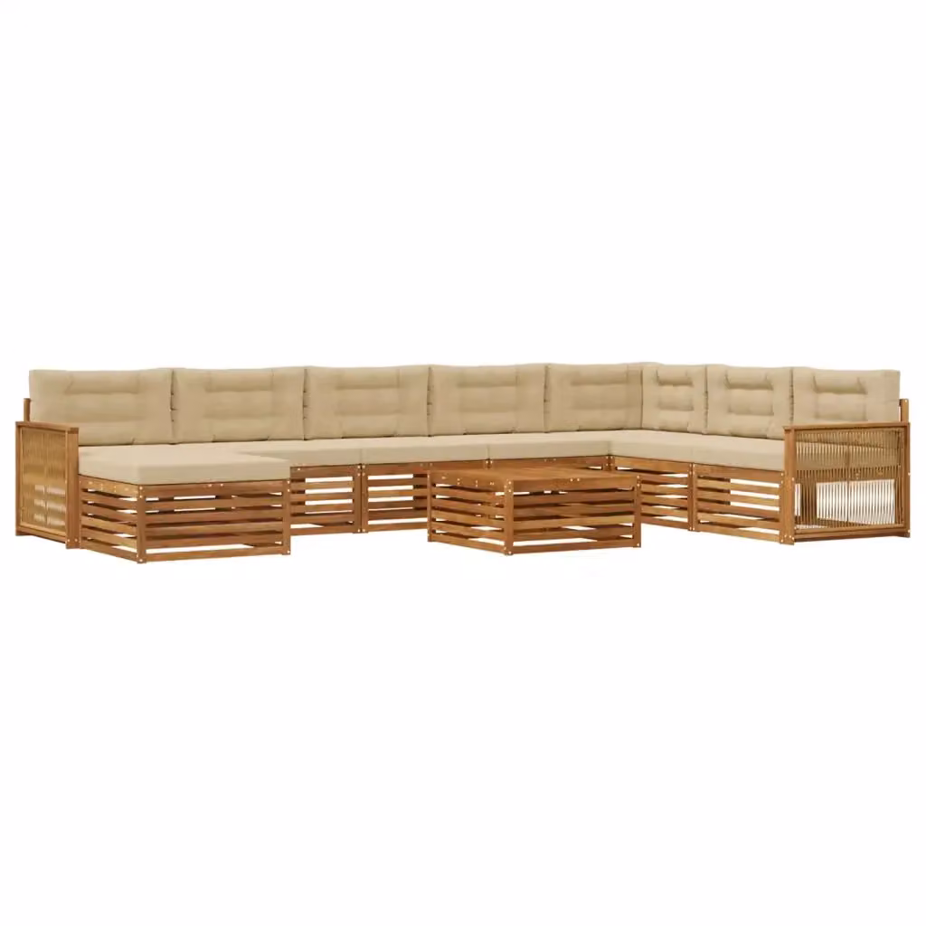 Set di divani da esterno a L vidaXL in legno di acacia con tavolino e pouf, Beige e Marrone – 2