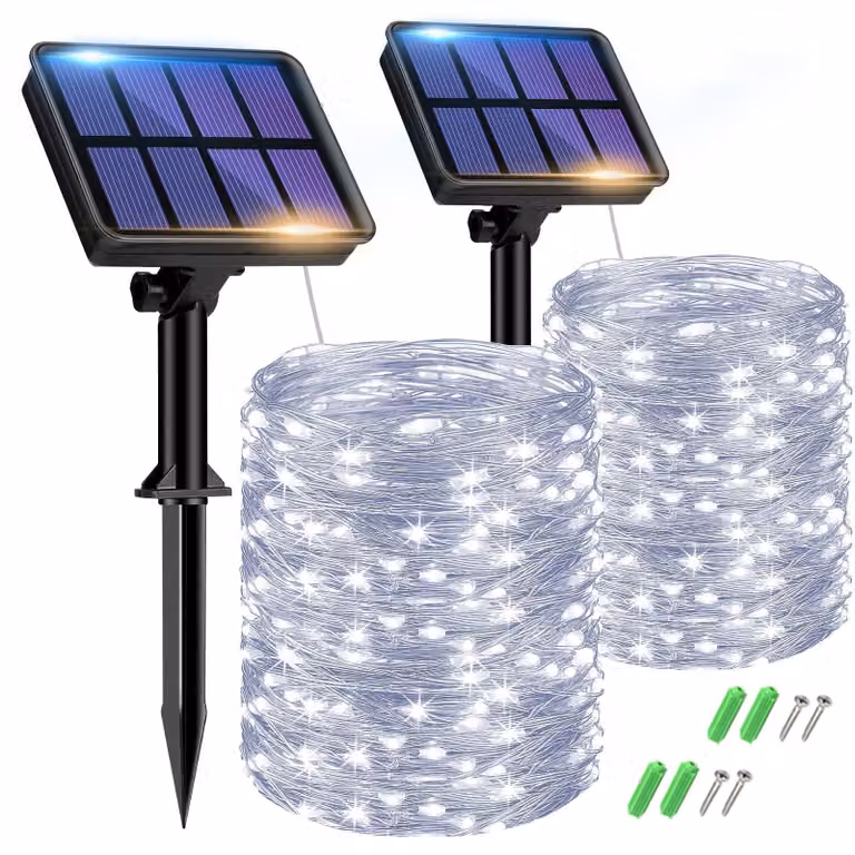 Catena luminosa con 150 LED, alimentazione solare, 24V, 5W, luce bianca fredda, set da 2, per uso esterno