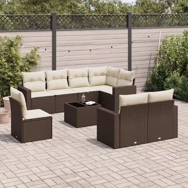 Set Divani da Giardino 9pz con Cuscini Marrone in Polyrattan 3219243