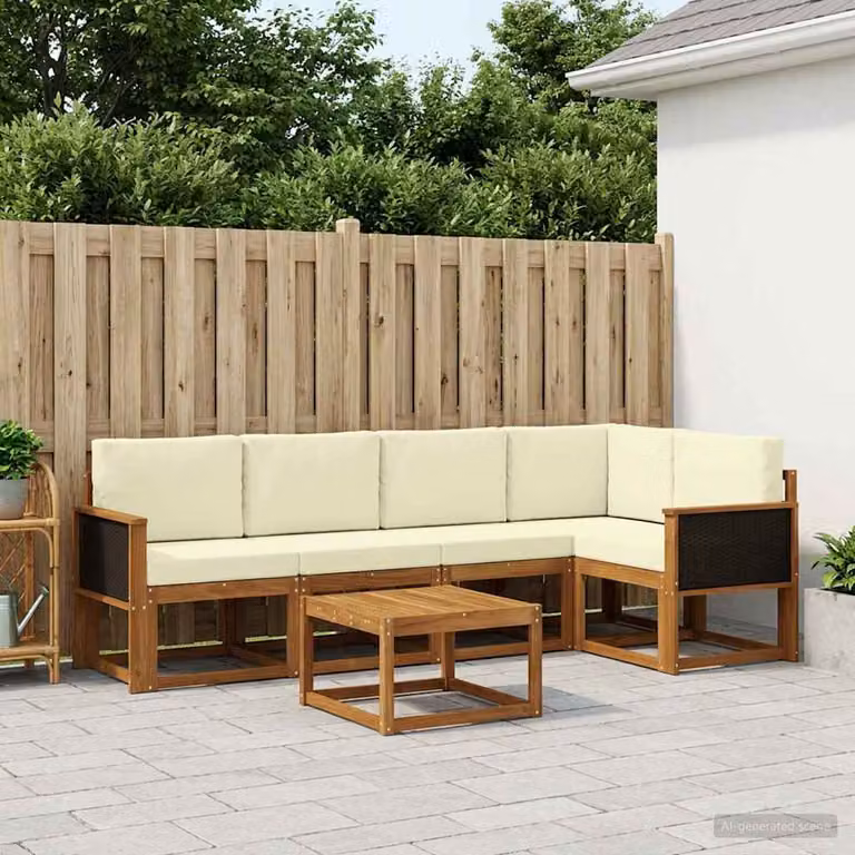 Set di divani da esterno vidaXL a forma di L composto da 6 pezzi in legno di acacia con cuscini, colore marrone, beige e bianco