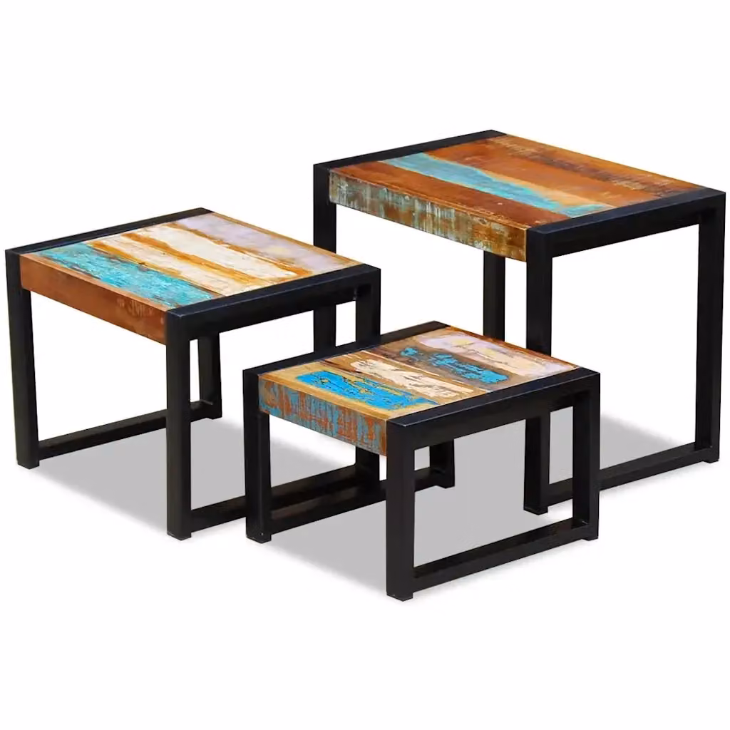 Set di 3 tavolini ad incastro vidaXL in legno massello multicolore stile retro per soggiorno – 2