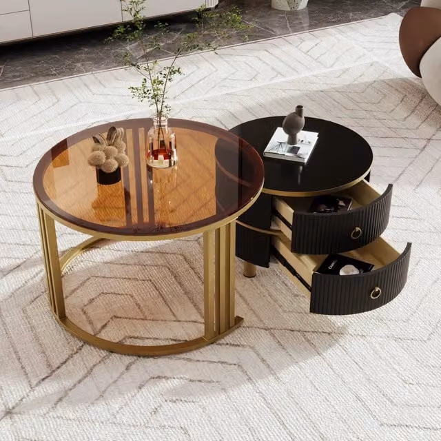 Set di tavolini bassi rotondi a incastro MIVRAY in marrone con piani in vetro temperato e MDF – 1