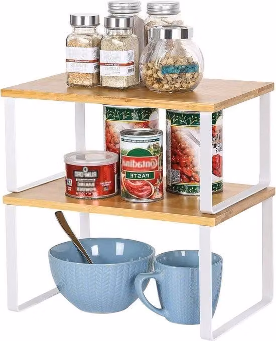 Set di 2 scaffali da cucina espandibili - portaspezie e scaffali per armadietti e piani di lavoro della cucina - Organizzatore di scaffali da cucina nei colori bianco e naturale