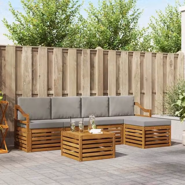 Set di divani da esterno moderno vidaXL in legno di acacia, 6 pezzi, Grigio e Naturale