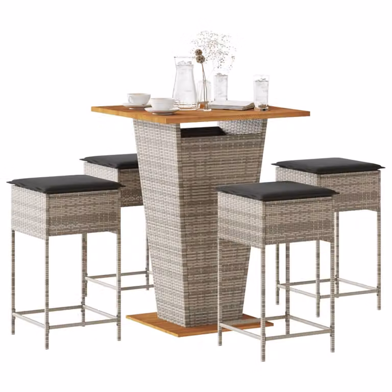 Set Bar da Giardino vidaXL in Polyrattan e Legno di Acacia Grigio con 5 Pezzi
