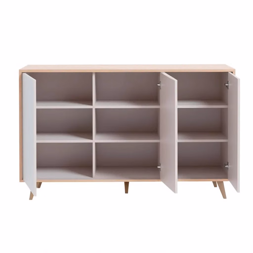Credenza moderna con 3 ante e apertura push in stile nordico, mobile contenitore con 6 ripiani interni per soggiorno, sala da pranzo o camera da letto, L/P/H: 154 x 40 x 75 cm, Rovere e Bianco – 2