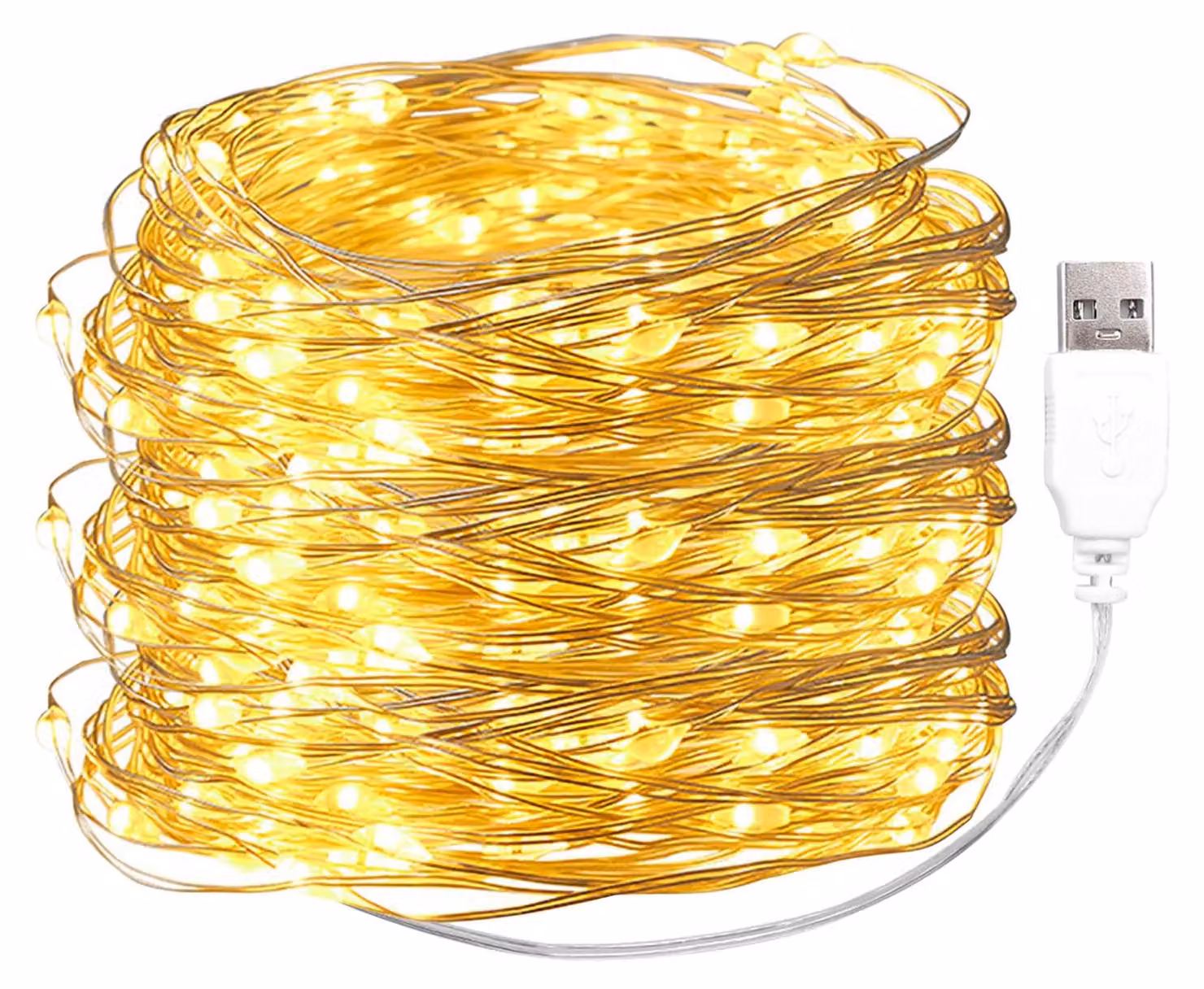 Catena luminosa a LED, 20 metri, 200 LED bianco caldo, filo di rame, alimentazione USB