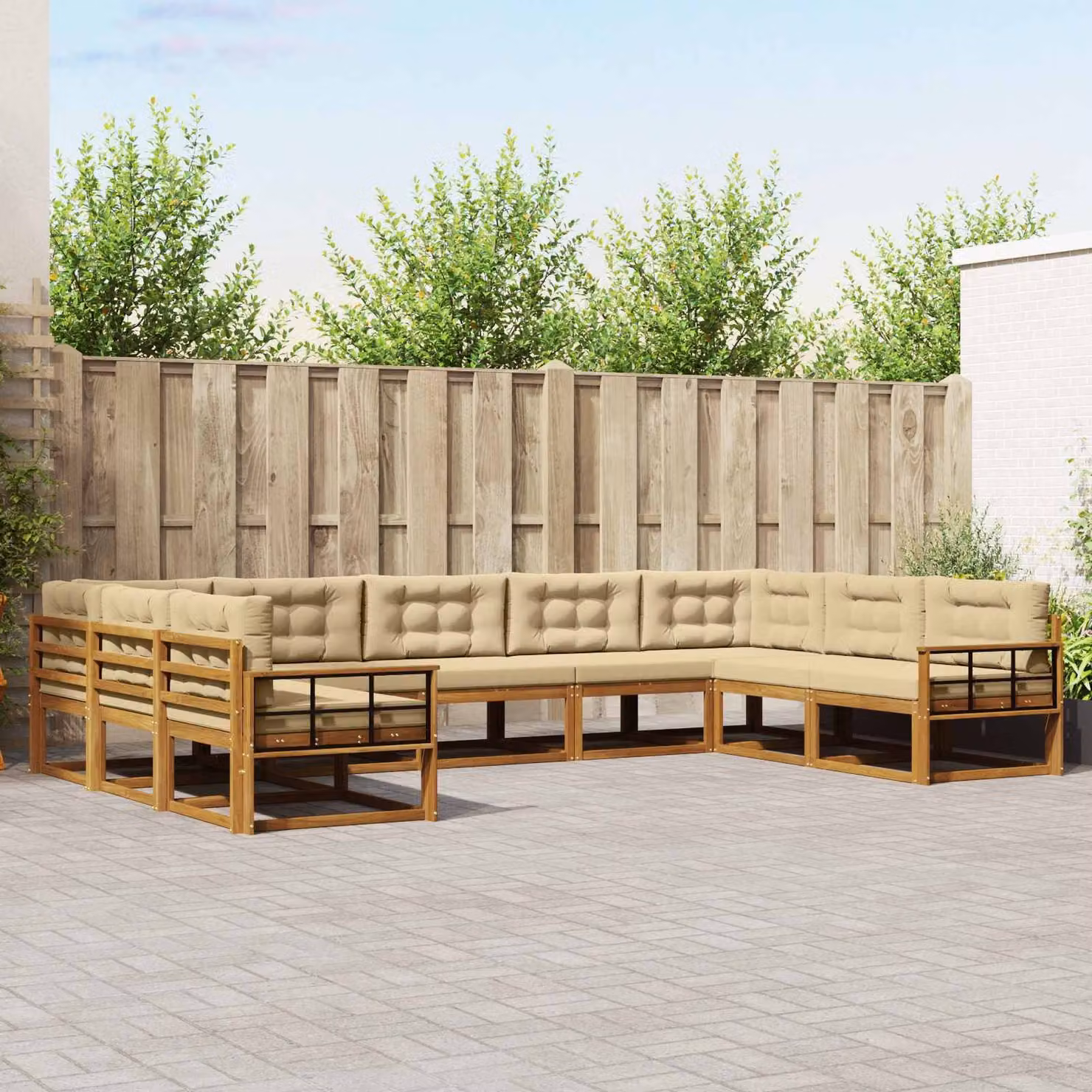 vidaXL Set di divani da esterno a L in legno di acacia con cuscini, 9 pezzi, Beige e Sabbia