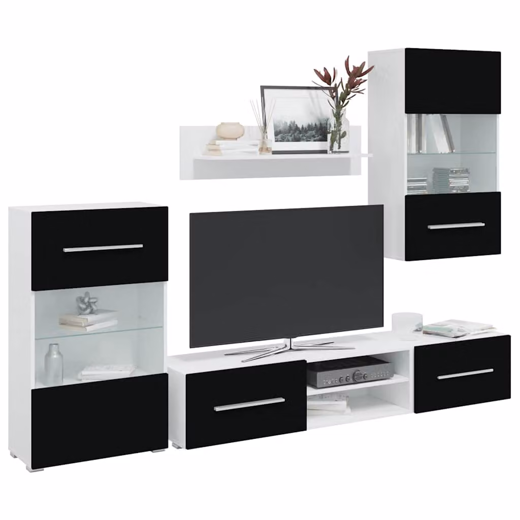 Set di mobili per soggiorno vidaXL composto da 5 pezzi con luci LED integrate, finitura nera lucida e ante in vetro, stile moderno