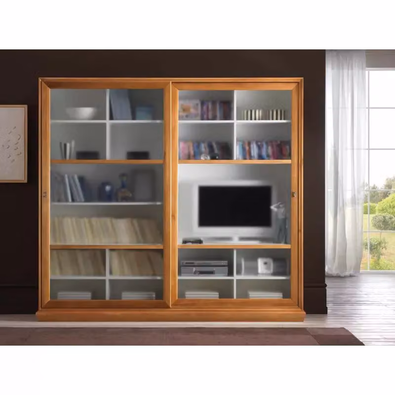 Libreria porta TV classica in legno con 2 porte scorrevoli e inserti in vetro di Mobili 2G, colore noce, L: 244 cm, P: 42 cm, H: 217 cm – 2