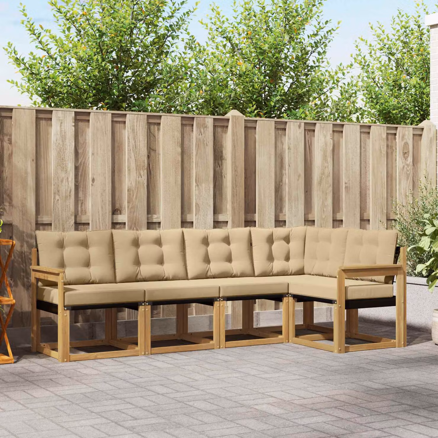 Set di divani da esterno vidaXL a forma di L in legno di acacia con cuscini beige e marrone