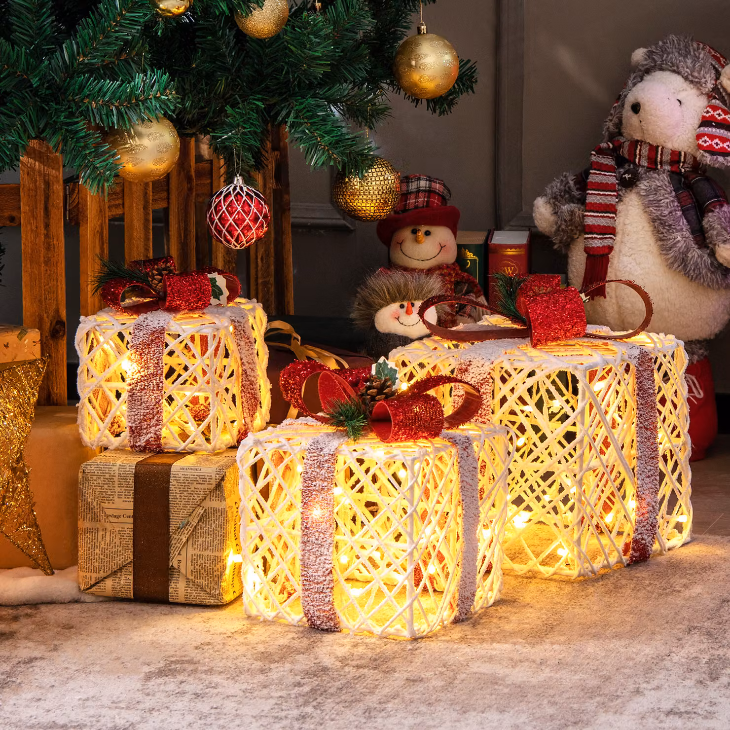 Set di 3 scatole regalo COSTWAY, regali a batteria con fiocchi rossi, 60 LED e timer di 6 ore, decorazione natalizia illuminata