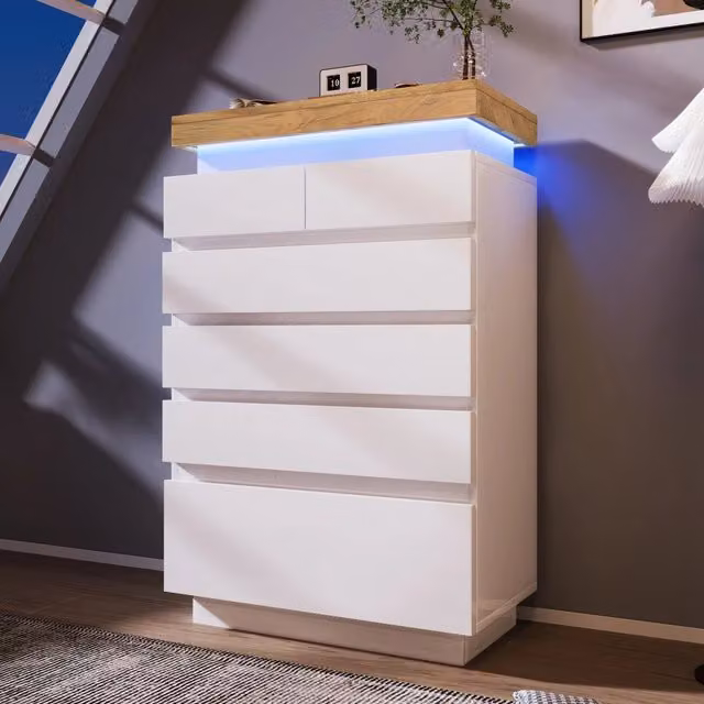 Cassettiera LED con 6 cassetti, controllo da smartphone, per camera, in truciolare e MDF, bianca, 73 × 39 × 115 cm