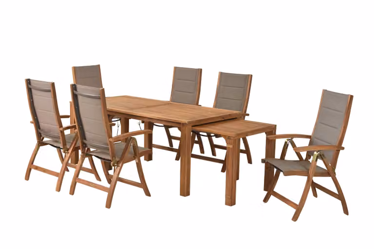 Set di mobili da giardino Merxx Acapulco 7 pezzi, 6 poltrone pieghevoli, tavolo allungabile Flex - Acacia/tessuto