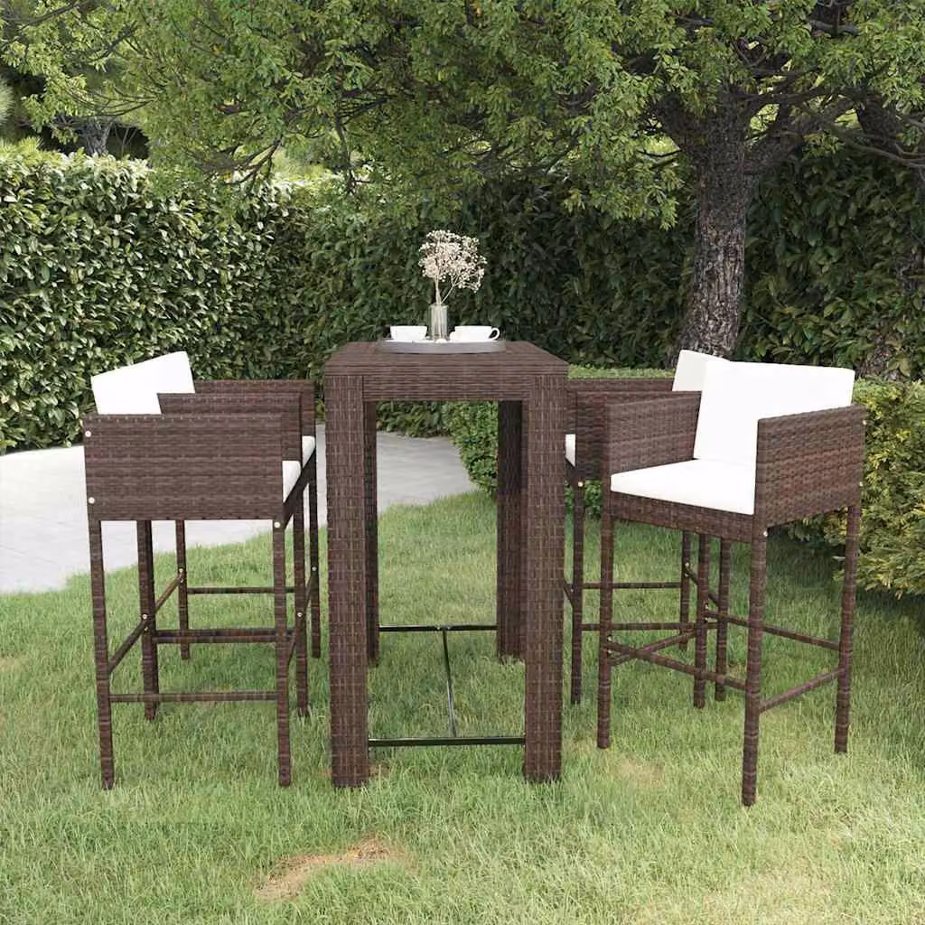Set da Bar da Giardino vidaXL in Polyrattan Marrone e Bianco con 5 Pezzi e Cuscini