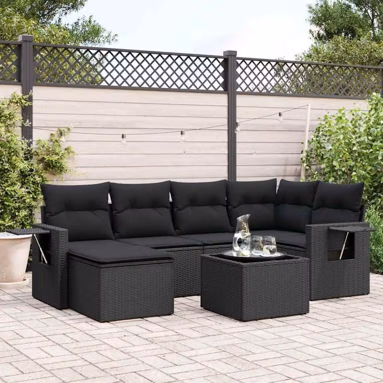vidaXL Set Divani da Giardino a L con Polyrattan e Cuscini, 7 Pezzi, Nero
