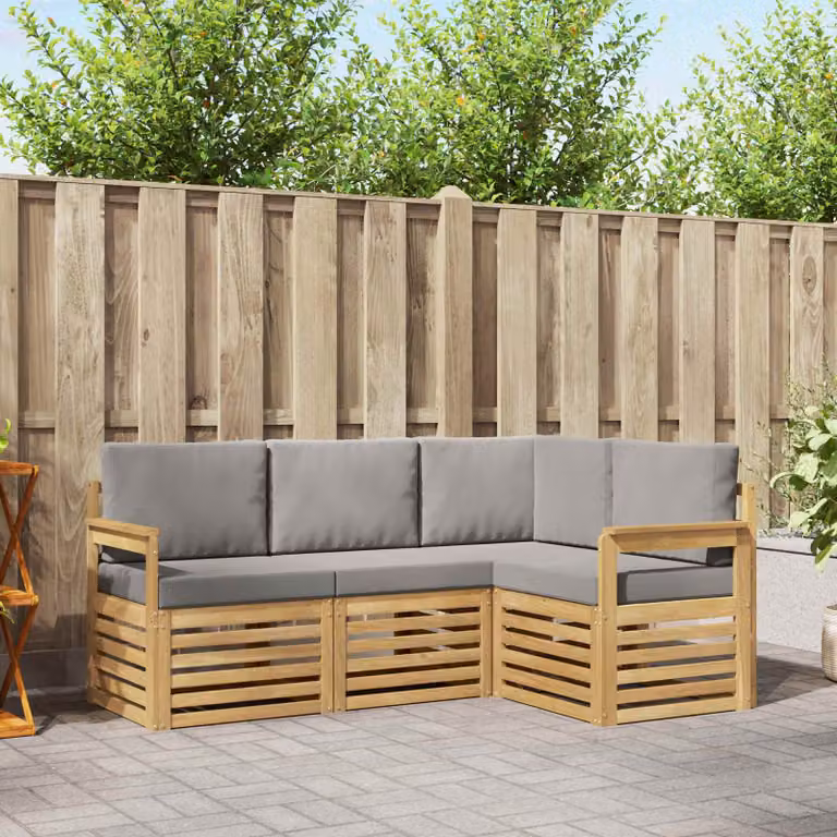 vidaXL Set di divani da esterno a L composto da 4 pezzi in legno di acacia con cuscini bianchi e grigi
