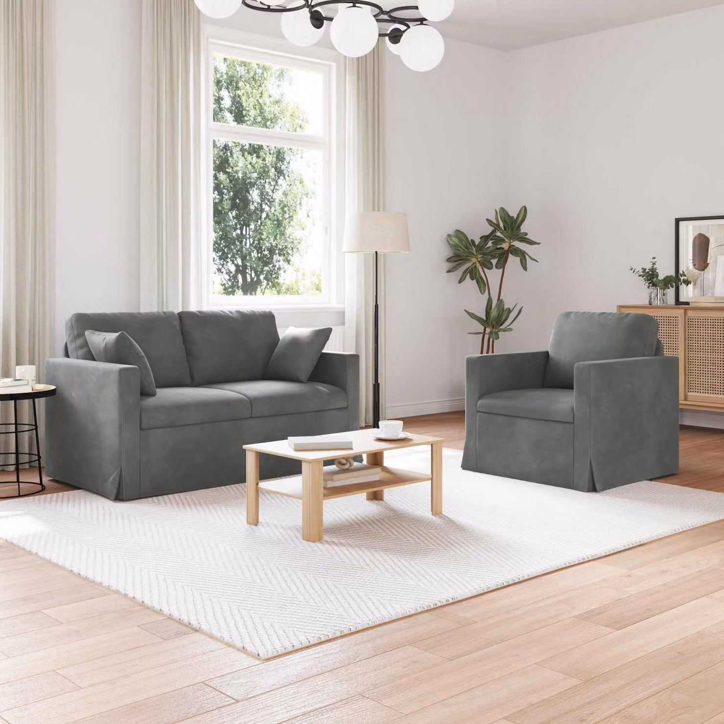 Set di 2 divani moderni vidaXL in velluto grigio scuro con struttura in metallo e coperture rimovibili