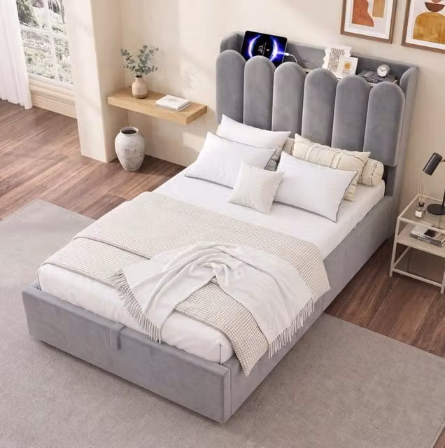 Letto imbottito con contenitore idraulico; testiera USB/Type-C; luce notturna; per materasso 90 x 200 cm; velluto grigio