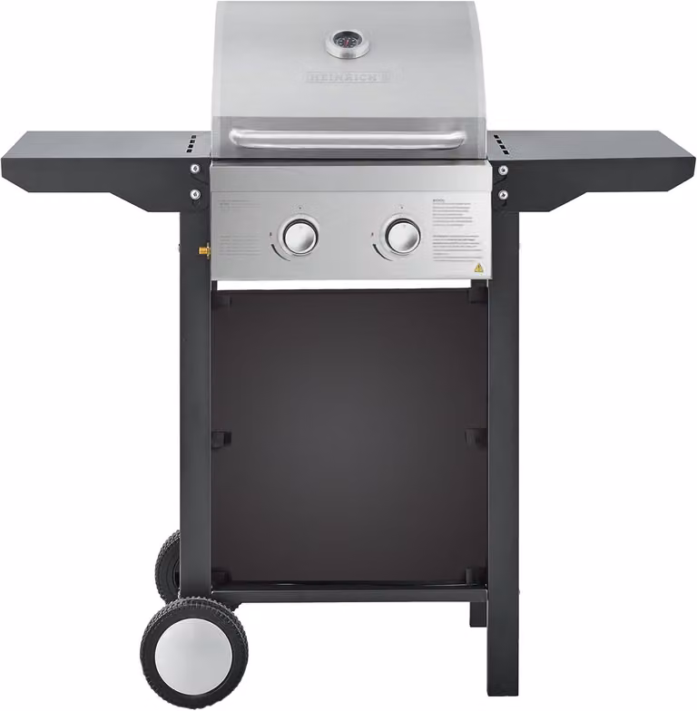 Barbecue a gas HEINRICHS, carrello barbecue, 2 bruciatori in acciaio inossidabile, barbecue da balcone su 2 ruote, barbecue da esterno, griglia per barbecue, ripiano laterale ribaltabile, regolazione continua della temperatura, indicatore di temperatura H