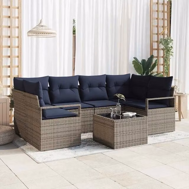 Set di divani 7 pz 6-Numero di posti Grigio e Blu polyrattan 3346285