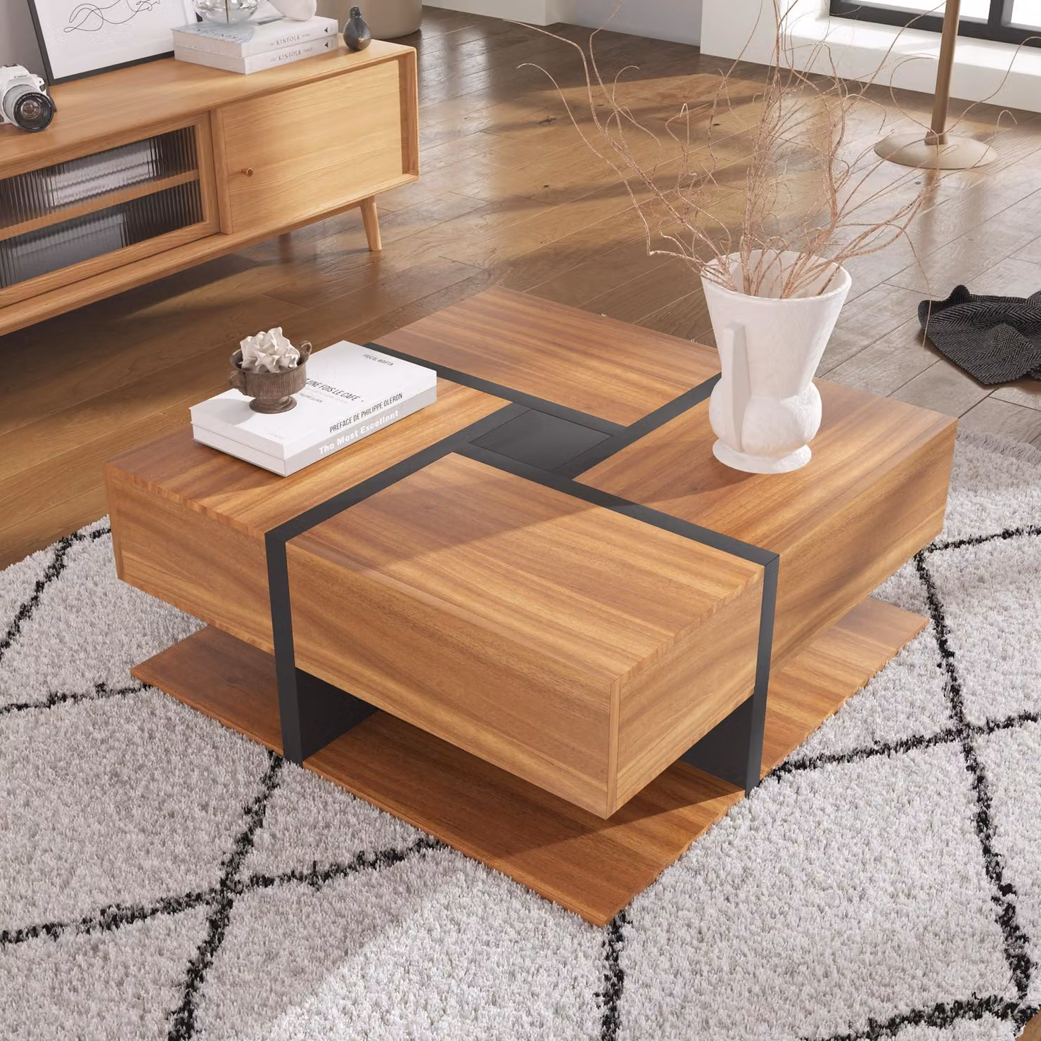 Tavolino da salotto in legno con spazio contenitivo e 4 cassetti