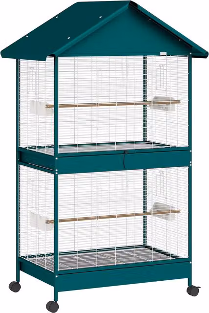 Gabbia per uccelli PawHut con ruote, separatore rimovibile, 6 mangiatoie, 4 posatoi e 2 vassoi estraibili, Verde, H 158 x L 94 x P 70 cm – 1