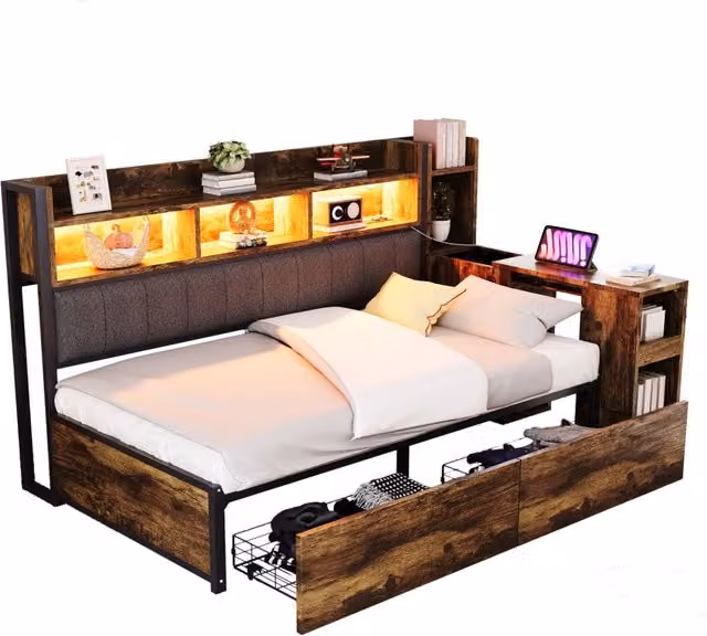 Letto singolo per bambini con cassetti, scrivania estraibile e prese USB, colore marrone, L/P/H: 90 x 200 x 114,2 cm