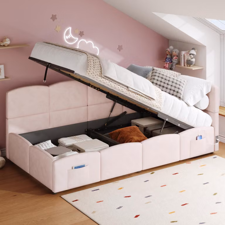 Letto imbottito 90 x 200 cm con rivestimento in velluto, dotato di spazio contenitore e porta USB – Letto per ragazzi con tasche in tessuto, rete a doghe e sistema di fissaggio, divano letto rosa