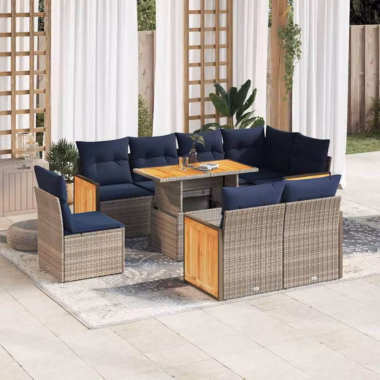 Set Divano da Giardino vidaXL 9pz a Forma di L in Polyrattan e Legno di Acacia con Cuscini Grigio e Blu