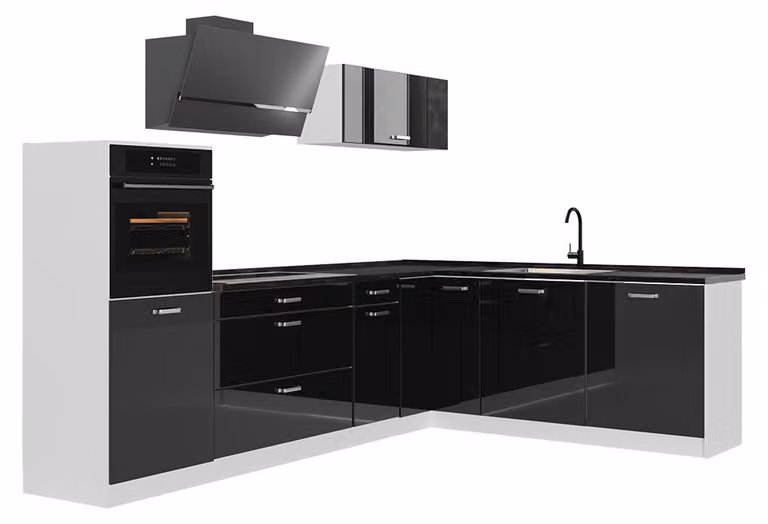 Cucina angolare completa Vicco R-Line Nero lucido/Bianco 287 x cm piano di lavoro Antracite, Model 66769