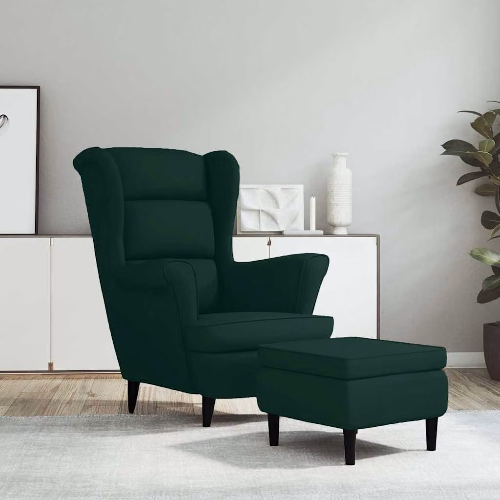 vidaXL Poltrona Schienale ad Ala con Poggiapiedi in Velluto Verde Scuro – 1