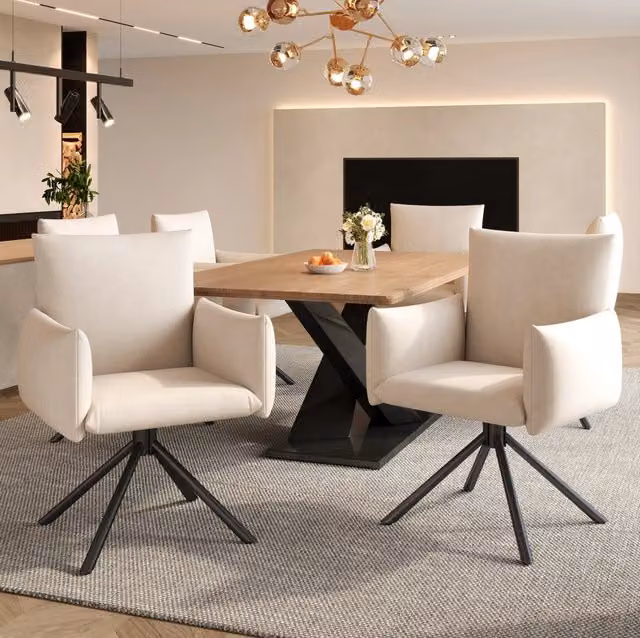 Set di 6 sedie da pranzo girevoli a 360° in velluto beige con gambe in metallo
